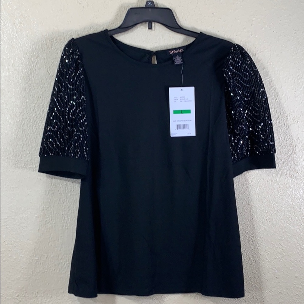 By Design Top Party Blouse Black w/Sequence NWT L Short Sleeve Stretchy Pullover